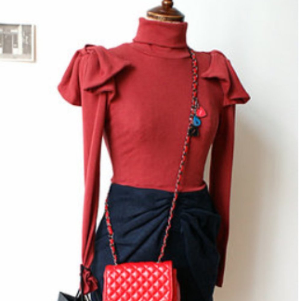 Bow Shoulder Turtleneck Knit Top